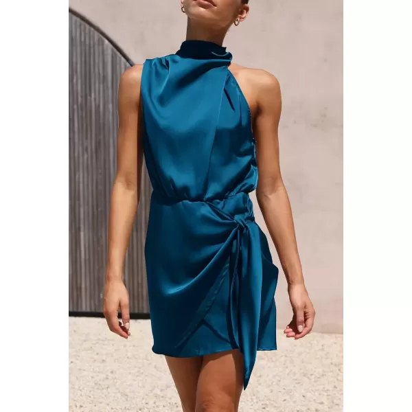 imagePRETTYGARDEN Womens Short Formal Satin Dress Summer Sleeveless Mock Neck Tie Waist Cocktail Party DressesNavy