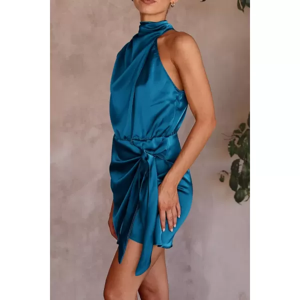 imagePRETTYGARDEN Womens Short Formal Satin Dress Summer Sleeveless Mock Neck Tie Waist Cocktail Party DressesNavy