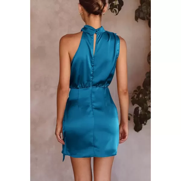 imagePRETTYGARDEN Womens Short Formal Satin Dress Summer Sleeveless Mock Neck Tie Waist Cocktail Party DressesNavy