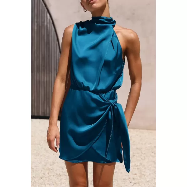 imagePRETTYGARDEN Womens Short Formal Satin Dress Summer Sleeveless Mock Neck Tie Waist Cocktail Party DressesNavy