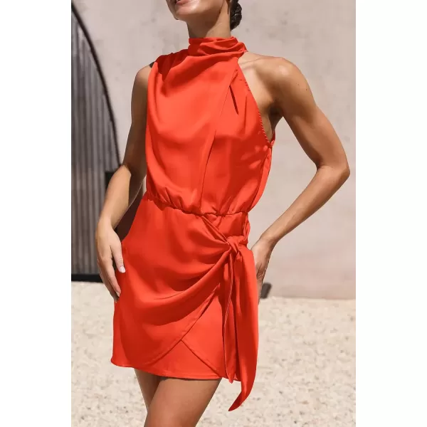 imagePRETTYGARDEN Womens Short Formal Satin Dress Summer Sleeveless Mock Neck Tie Waist Cocktail Party DressesOrange