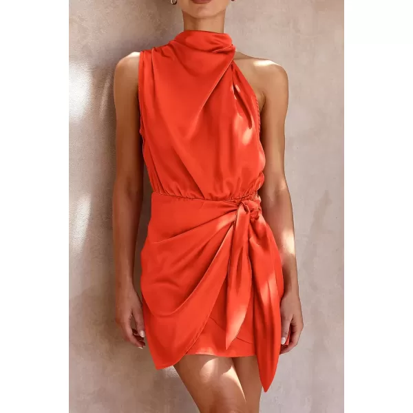 imagePRETTYGARDEN Womens Short Formal Satin Dress Summer Sleeveless Mock Neck Tie Waist Cocktail Party DressesOrange
