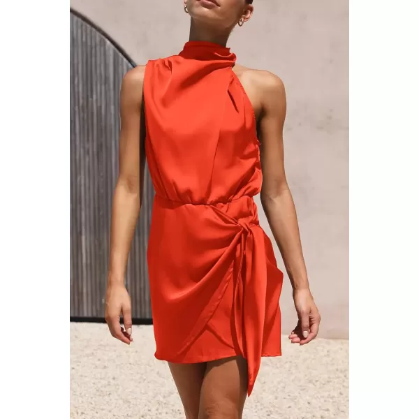 imagePRETTYGARDEN Womens Short Formal Satin Dress Summer Sleeveless Mock Neck Tie Waist Cocktail Party DressesOrange