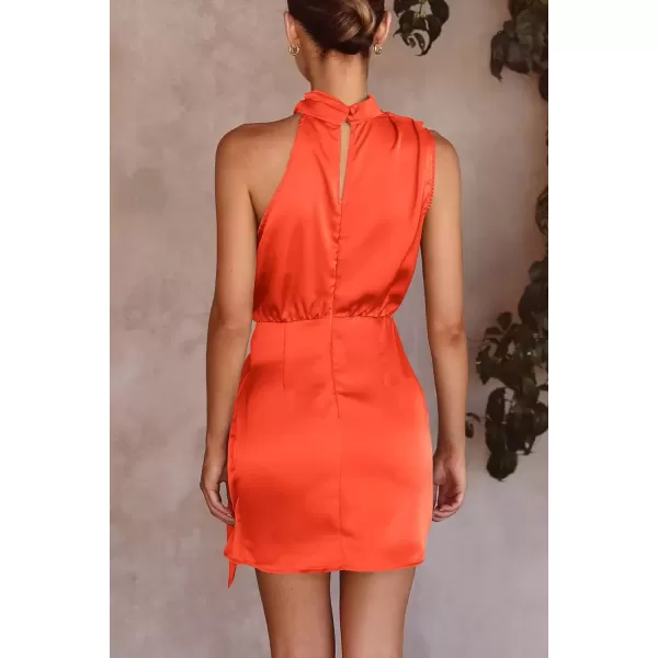 imagePRETTYGARDEN Womens Short Formal Satin Dress Summer Sleeveless Mock Neck Tie Waist Cocktail Party DressesOrange
