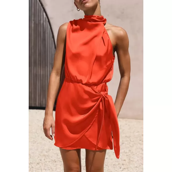 imagePRETTYGARDEN Womens Short Formal Satin Dress Summer Sleeveless Mock Neck Tie Waist Cocktail Party DressesOrange