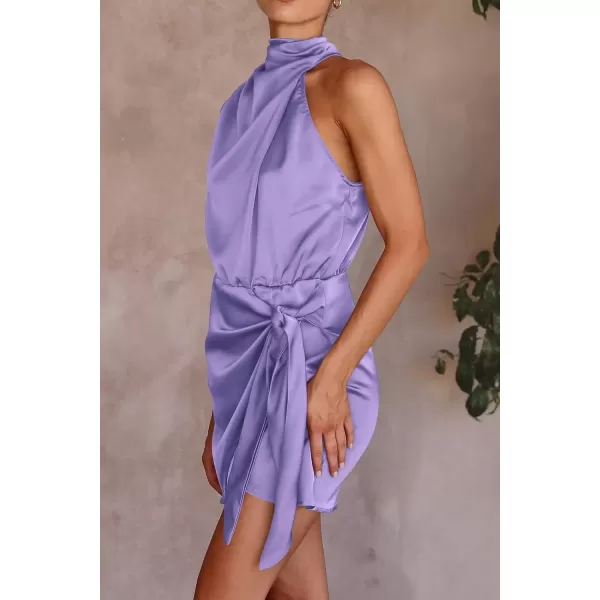 imagePRETTYGARDEN Womens Short Formal Satin Dress Summer Sleeveless Mock Neck Tie Waist Cocktail Party DressesPurple