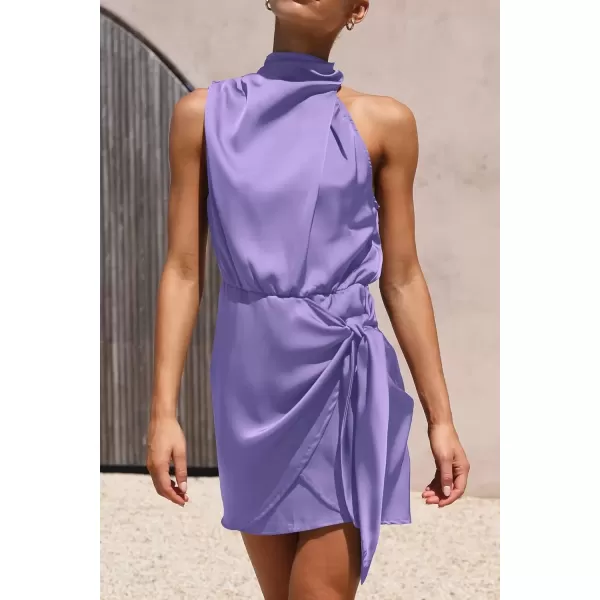 imagePRETTYGARDEN Womens Short Formal Satin Dress Summer Sleeveless Mock Neck Tie Waist Cocktail Party DressesPurple
