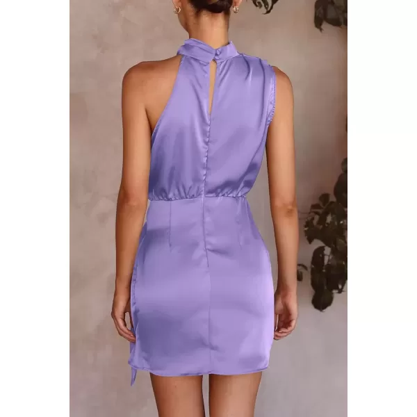 imagePRETTYGARDEN Womens Short Formal Satin Dress Summer Sleeveless Mock Neck Tie Waist Cocktail Party DressesPurple