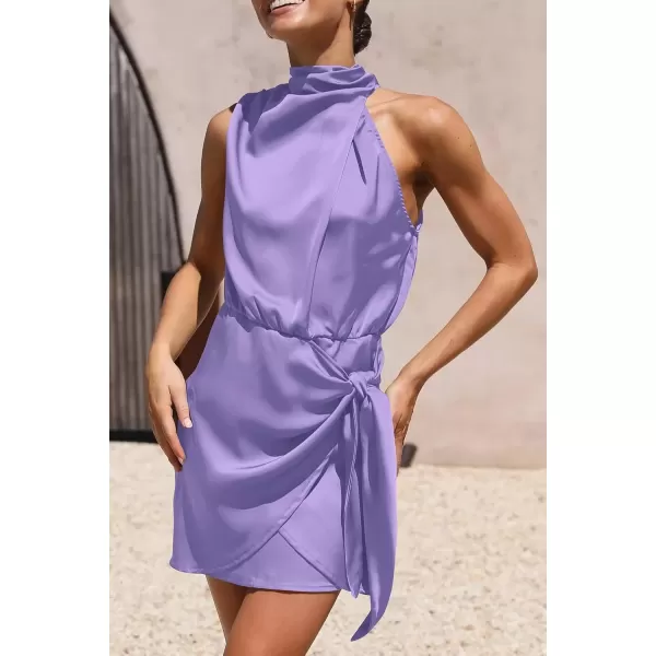 imagePRETTYGARDEN Womens Short Formal Satin Dress Summer Sleeveless Mock Neck Tie Waist Cocktail Party DressesPurple