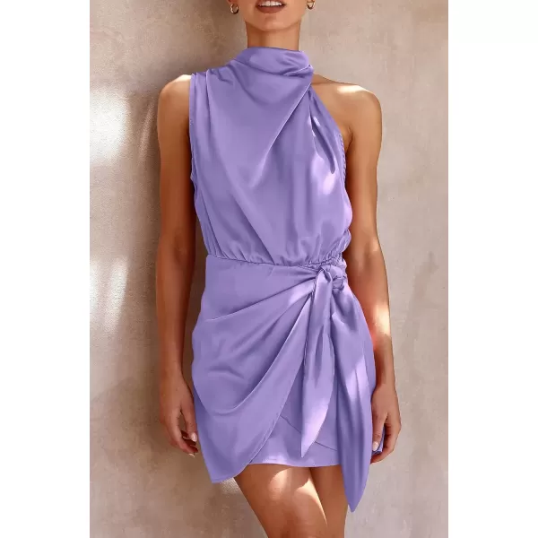 imagePRETTYGARDEN Womens Short Formal Satin Dress Summer Sleeveless Mock Neck Tie Waist Cocktail Party DressesPurple