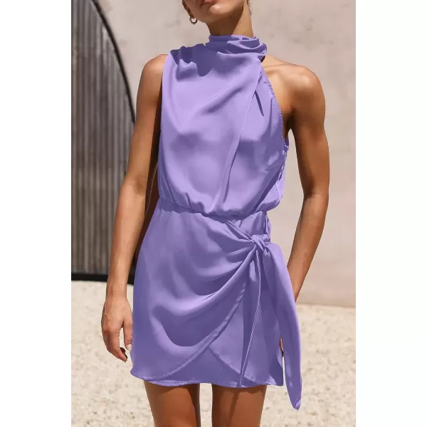 imagePRETTYGARDEN Womens Short Formal Satin Dress Summer Sleeveless Mock Neck Tie Waist Cocktail Party DressesPurple