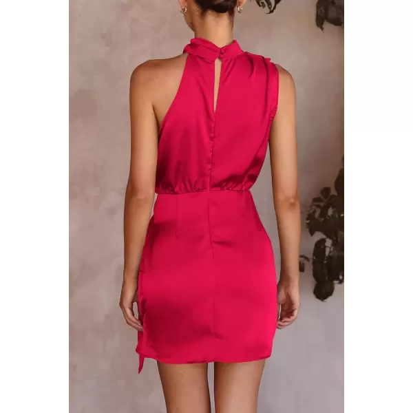 imagePRETTYGARDEN Womens Short Formal Satin Dress Summer Sleeveless Mock Neck Tie Waist Cocktail Party DressesRed
