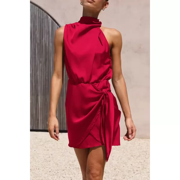 imagePRETTYGARDEN Womens Short Formal Satin Dress Summer Sleeveless Mock Neck Tie Waist Cocktail Party DressesRed