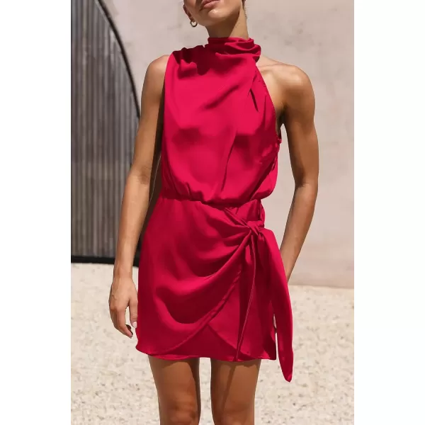 imagePRETTYGARDEN Womens Short Formal Satin Dress Summer Sleeveless Mock Neck Tie Waist Cocktail Party DressesRed