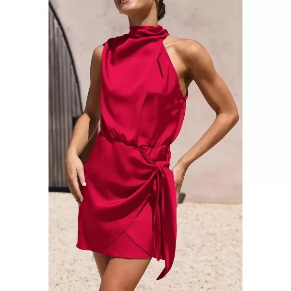 imagePRETTYGARDEN Womens Short Formal Satin Dress Summer Sleeveless Mock Neck Tie Waist Cocktail Party DressesRed