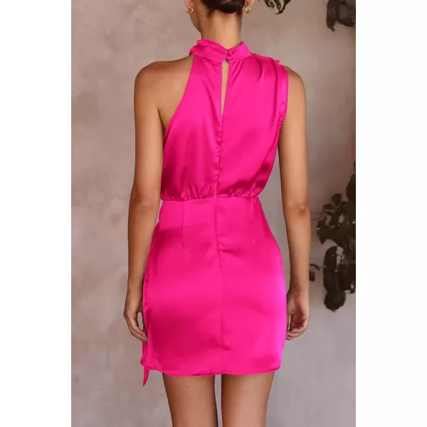 imagePRETTYGARDEN Womens Short Formal Satin Dress Summer Sleeveless Mock Neck Tie Waist Cocktail Party DressesRose Red