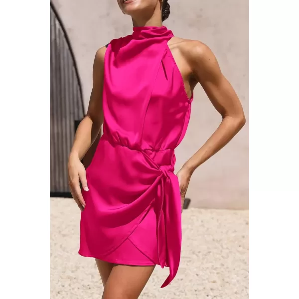 imagePRETTYGARDEN Womens Short Formal Satin Dress Summer Sleeveless Mock Neck Tie Waist Cocktail Party DressesRose Red