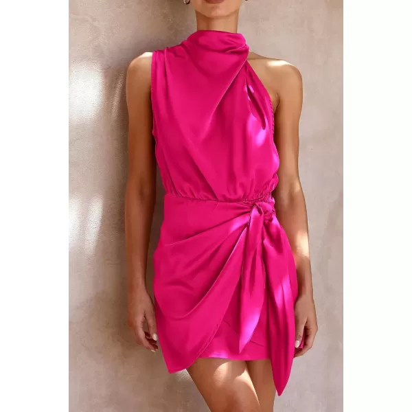 imagePRETTYGARDEN Womens Short Formal Satin Dress Summer Sleeveless Mock Neck Tie Waist Cocktail Party DressesRose Red