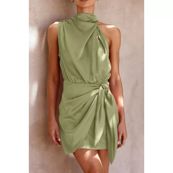 imagePRETTYGARDEN Womens Short Formal Satin Dress Summer Sleeveless Mock Neck Tie Waist Cocktail Party DressesTender Green