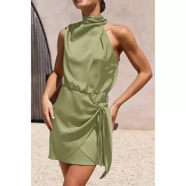 imagePRETTYGARDEN Womens Short Formal Satin Dress Summer Sleeveless Mock Neck Tie Waist Cocktail Party DressesTender Green