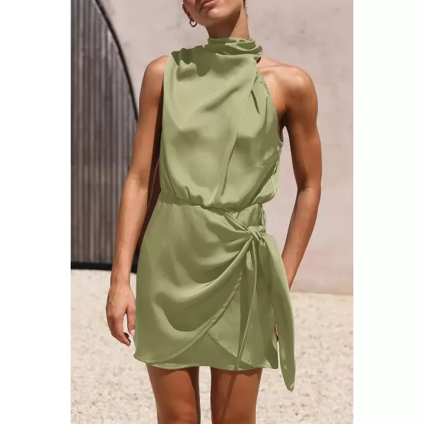imagePRETTYGARDEN Womens Short Formal Satin Dress Summer Sleeveless Mock Neck Tie Waist Cocktail Party DressesTender Green