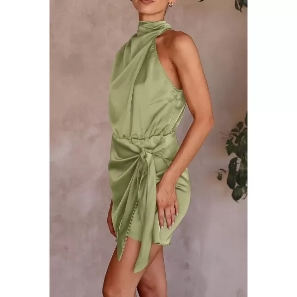 imagePRETTYGARDEN Womens Short Formal Satin Dress Summer Sleeveless Mock Neck Tie Waist Cocktail Party DressesTender Green