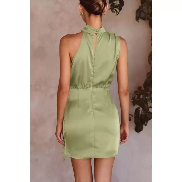 imagePRETTYGARDEN Womens Short Formal Satin Dress Summer Sleeveless Mock Neck Tie Waist Cocktail Party DressesTender Green