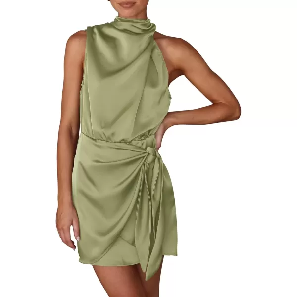 imagePRETTYGARDEN Womens Short Formal Satin Dress Summer Sleeveless Mock Neck Tie Waist Cocktail Party DressesTender Green