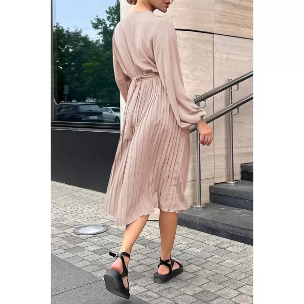 imagePRETTYGARDEN Womens Spring Midi Dress Long Puff Sleeve Wrap V Neck Flowy Ruffle Pleated Casual Fall DressesApricot