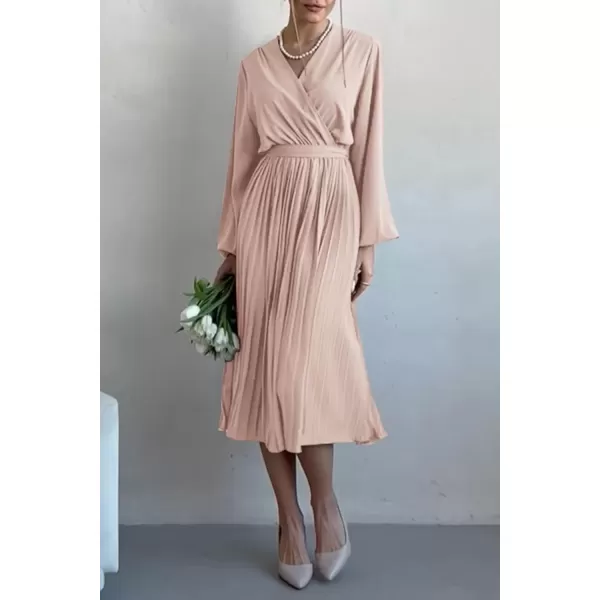 imagePRETTYGARDEN Womens Spring Midi Dress Long Puff Sleeve Wrap V Neck Flowy Ruffle Pleated Casual Fall DressesApricot