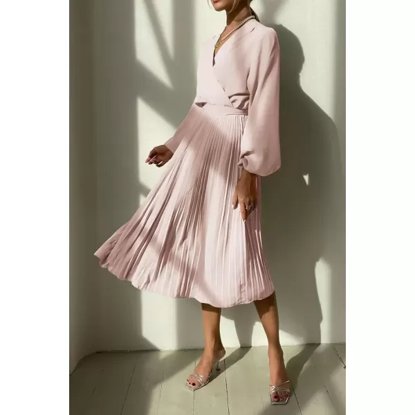 imagePRETTYGARDEN Womens Spring Midi Dress Long Puff Sleeve Wrap V Neck Flowy Ruffle Pleated Casual Fall DressesApricot