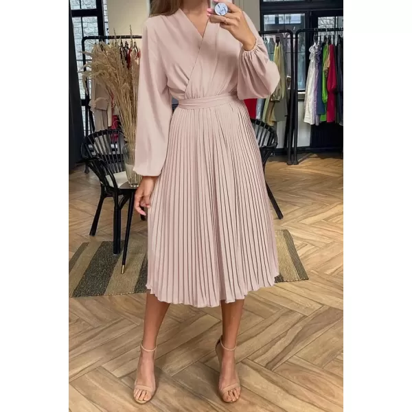 imagePRETTYGARDEN Womens Spring Midi Dress Long Puff Sleeve Wrap V Neck Flowy Ruffle Pleated Casual Fall DressesApricot