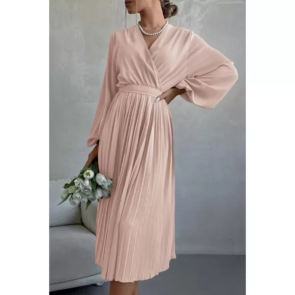 imagePRETTYGARDEN Womens Spring Midi Dress Long Puff Sleeve Wrap V Neck Flowy Ruffle Pleated Casual Fall DressesApricot