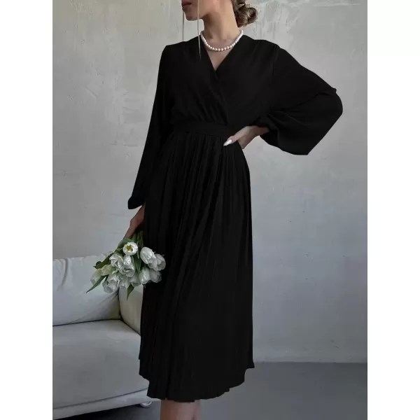 imagePRETTYGARDEN Womens Spring Midi Dress Long Puff Sleeve Wrap V Neck Flowy Ruffle Pleated Casual Fall DressesBlack