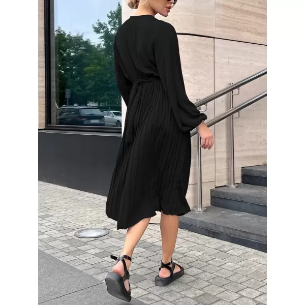 imagePRETTYGARDEN Womens Spring Midi Dress Long Puff Sleeve Wrap V Neck Flowy Ruffle Pleated Casual Fall DressesBlack