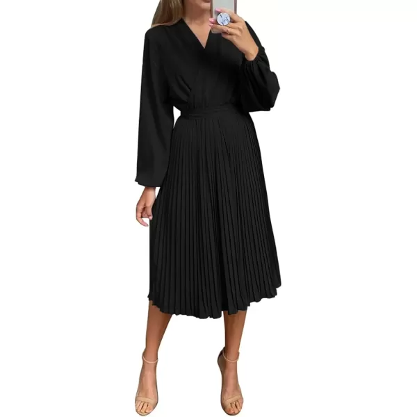 imagePRETTYGARDEN Womens Spring Midi Dress Long Puff Sleeve Wrap V Neck Flowy Ruffle Pleated Casual Fall DressesBlack