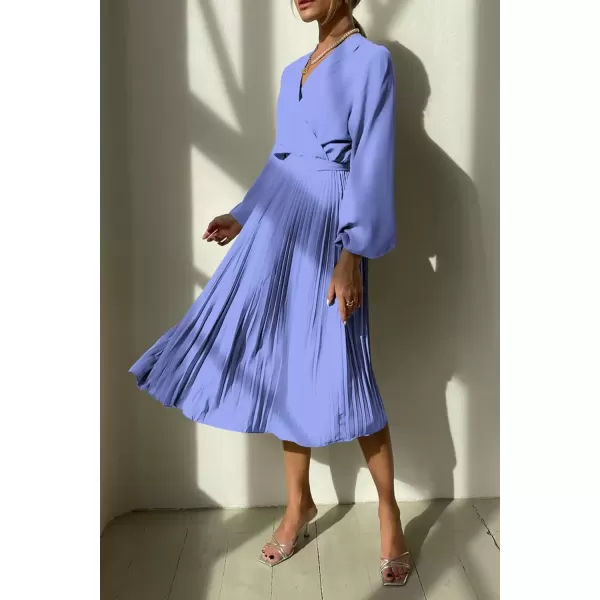 imagePRETTYGARDEN Womens Spring Midi Dress Long Puff Sleeve Wrap V Neck Flowy Ruffle Pleated Casual Fall DressesBlue