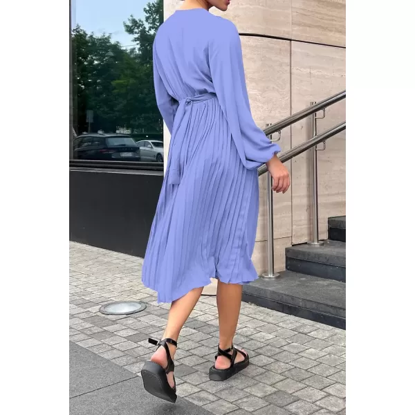 imagePRETTYGARDEN Womens Spring Midi Dress Long Puff Sleeve Wrap V Neck Flowy Ruffle Pleated Casual Fall DressesBlue