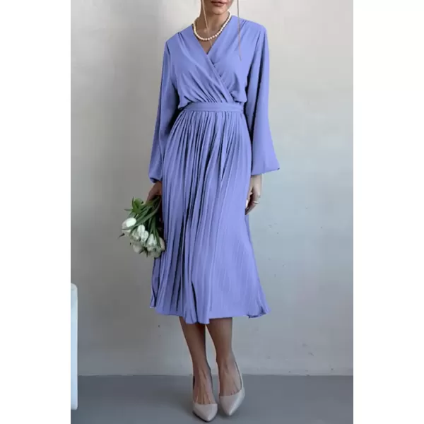imagePRETTYGARDEN Womens Spring Midi Dress Long Puff Sleeve Wrap V Neck Flowy Ruffle Pleated Casual Fall DressesBlue