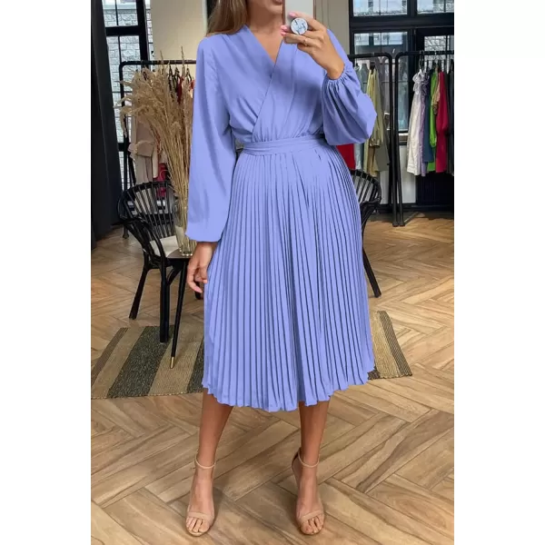 imagePRETTYGARDEN Womens Spring Midi Dress Long Puff Sleeve Wrap V Neck Flowy Ruffle Pleated Casual Fall DressesBlue
