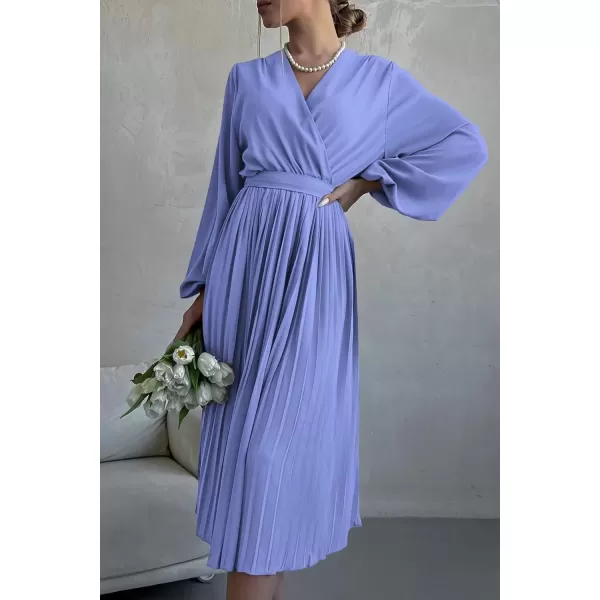 imagePRETTYGARDEN Womens Spring Midi Dress Long Puff Sleeve Wrap V Neck Flowy Ruffle Pleated Casual Fall DressesBlue