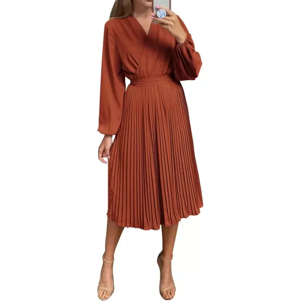 imagePRETTYGARDEN Womens Spring Midi Dress Long Puff Sleeve Wrap V Neck Flowy Ruffle Pleated Casual Fall DressesBrick Red