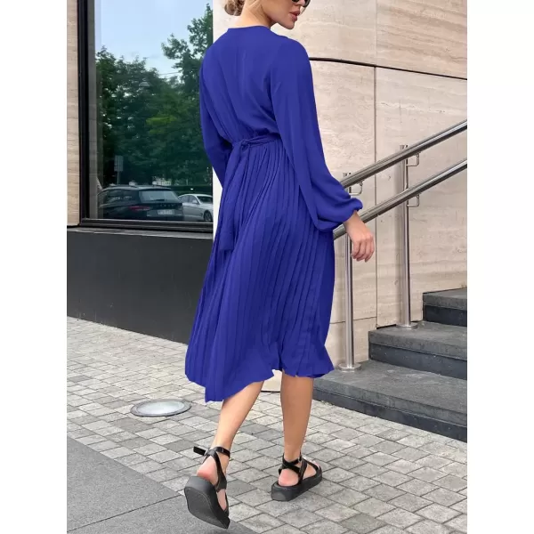 imagePRETTYGARDEN Womens Spring Midi Dress Long Puff Sleeve Wrap V Neck Flowy Ruffle Pleated Casual Fall DressesBright Blue