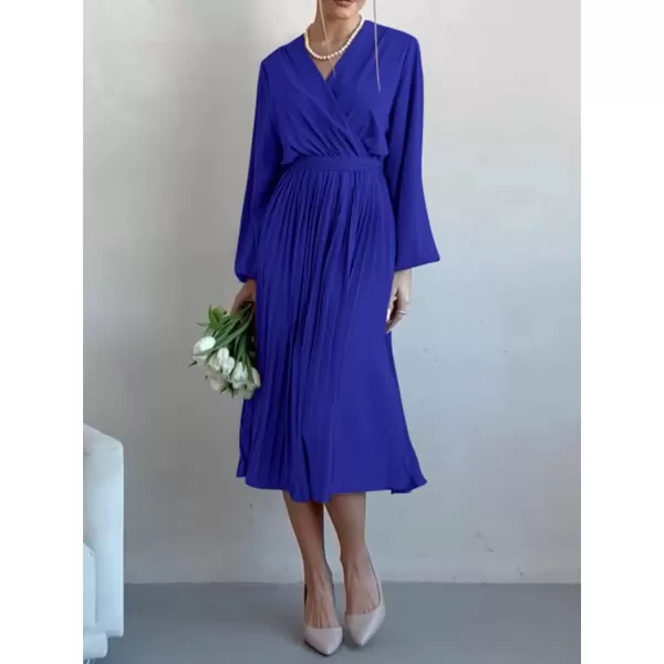 imagePRETTYGARDEN Womens Spring Midi Dress Long Puff Sleeve Wrap V Neck Flowy Ruffle Pleated Casual Fall DressesBright Blue