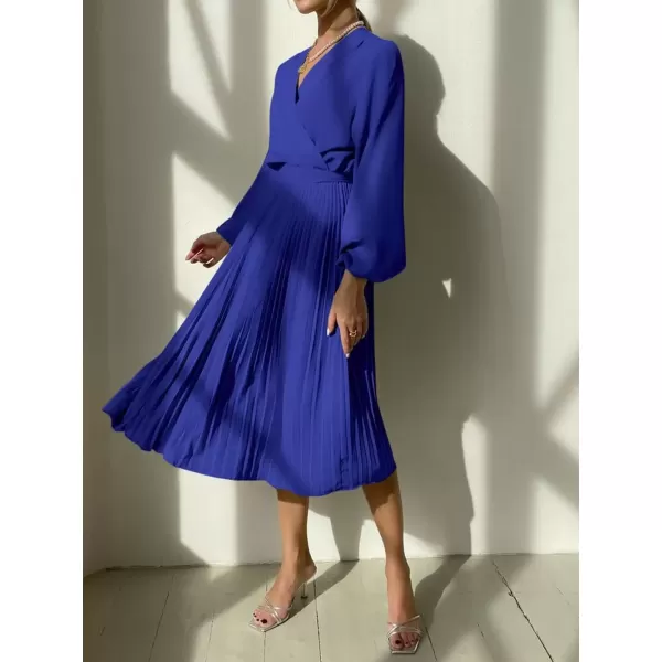 imagePRETTYGARDEN Womens Spring Midi Dress Long Puff Sleeve Wrap V Neck Flowy Ruffle Pleated Casual Fall DressesBright Blue