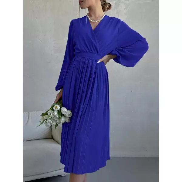 imagePRETTYGARDEN Womens Spring Midi Dress Long Puff Sleeve Wrap V Neck Flowy Ruffle Pleated Casual Fall DressesBright Blue