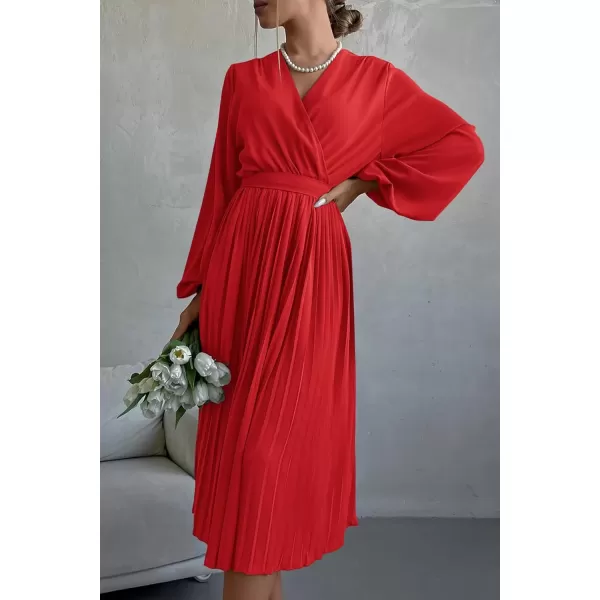 imagePRETTYGARDEN Womens Spring Midi Dress Long Puff Sleeve Wrap V Neck Flowy Ruffle Pleated Casual Fall DressesBright Red