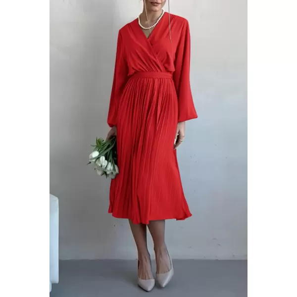 imagePRETTYGARDEN Womens Spring Midi Dress Long Puff Sleeve Wrap V Neck Flowy Ruffle Pleated Casual Fall DressesBright Red