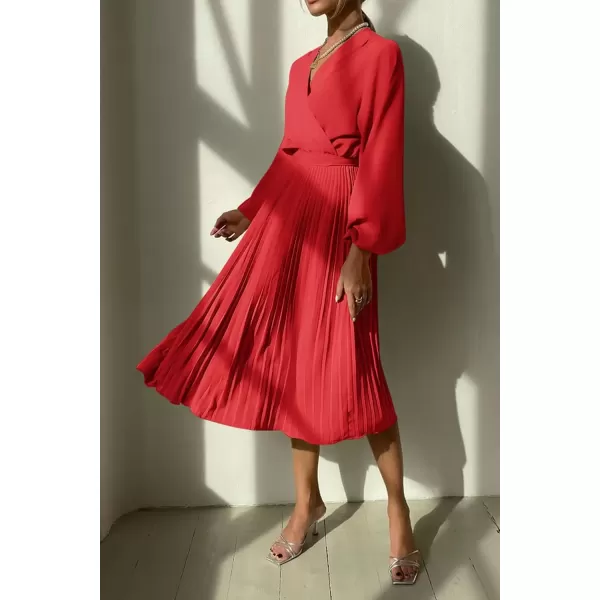 imagePRETTYGARDEN Womens Spring Midi Dress Long Puff Sleeve Wrap V Neck Flowy Ruffle Pleated Casual Fall DressesBright Red
