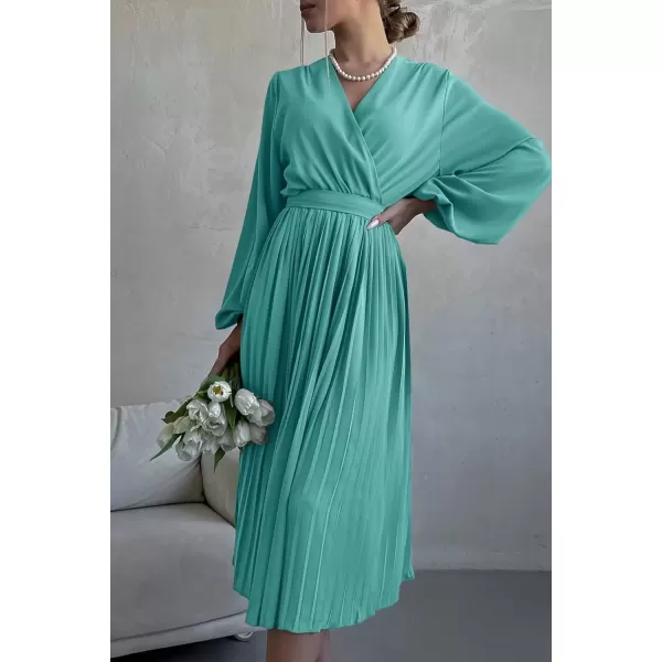 imagePRETTYGARDEN Womens Spring Midi Dress Long Puff Sleeve Wrap V Neck Flowy Ruffle Pleated Casual Fall DressesCyan
